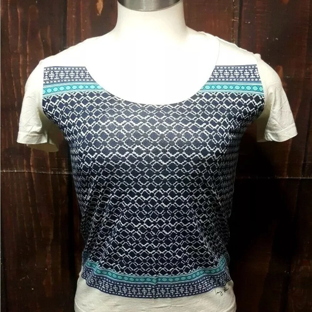 Tory Burch Patterned Blue and White Women's Top Size Small